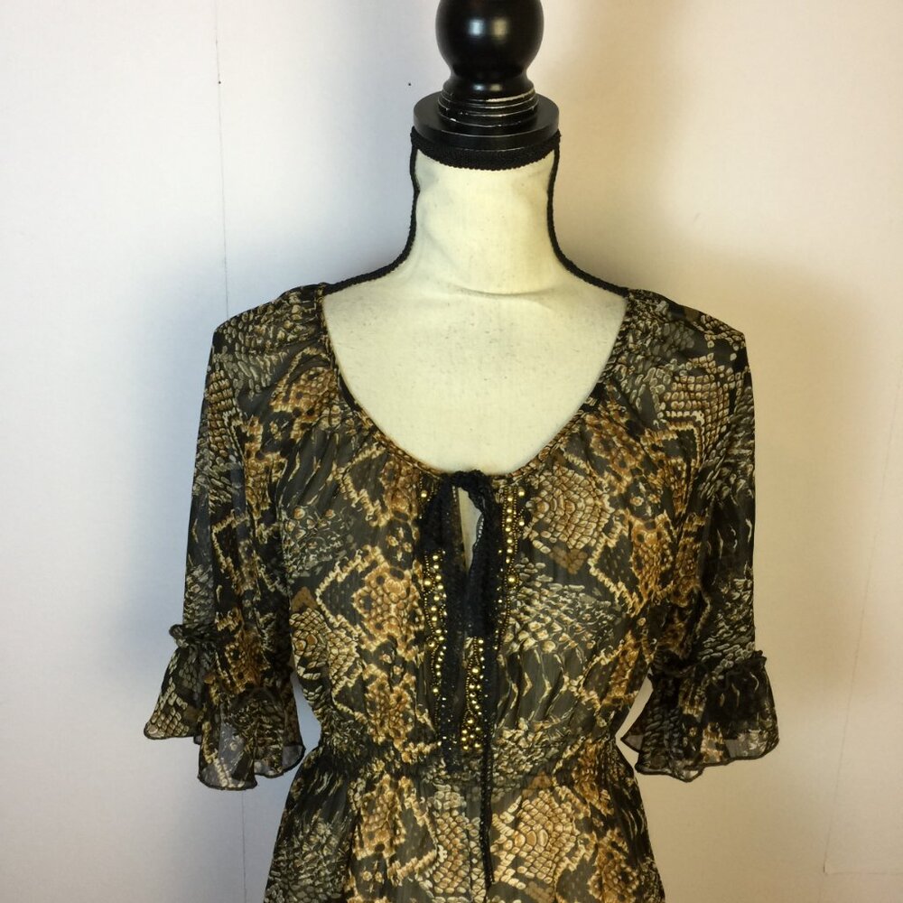 Mushka By Sienna Rose Tunic Blouse Sz M Womens Animal Print Smocked Waist Beaded - Picture 4 of 13